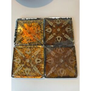 Bombay Co Fused Thick Glass Gold Brown Tortoise Shell Etched Coasters Set of 4